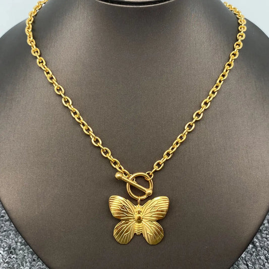 Butterfly Charm 18K Gold Plated Steel Ot Buckle Necklace