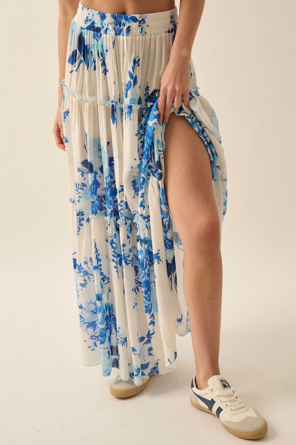 Floral Print Tiered Ruffle Drawstring Maxi Skirt