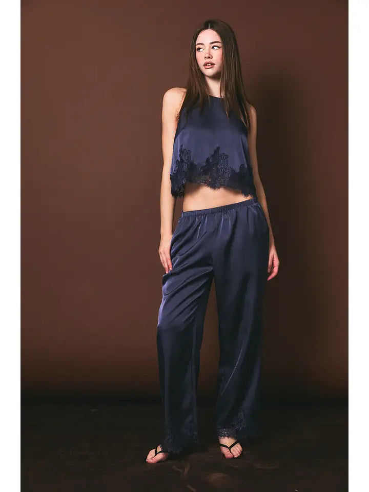 Elastic Waist Lace Trim Wide Leg Pants
