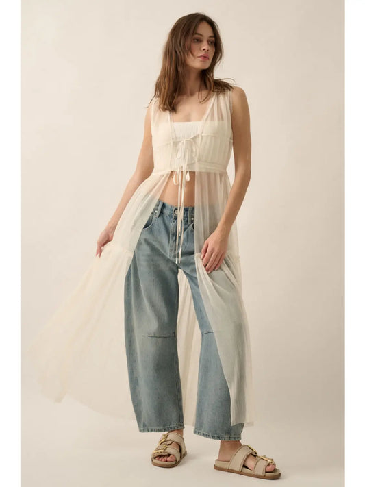 Sheer Tulle Ruffled Tie-Front Layering Maxi Top