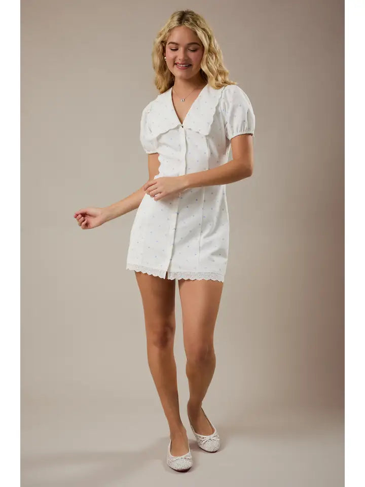 Puff Sleeve V-Neck Collared Button Down Mini Dress