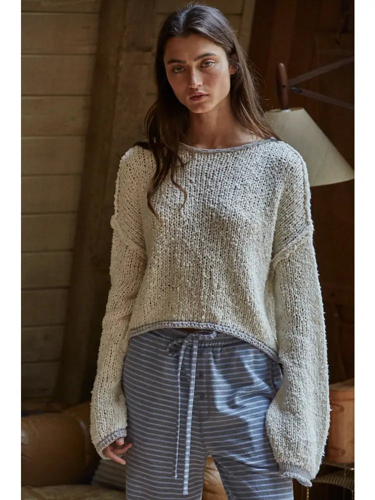 Knit Sweater Pullover Top with Contrast Hems Detail