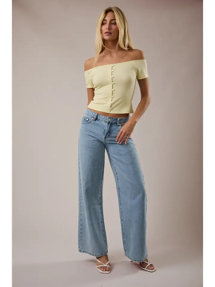 Off Shoulder Short Sleeve Buttoned Top