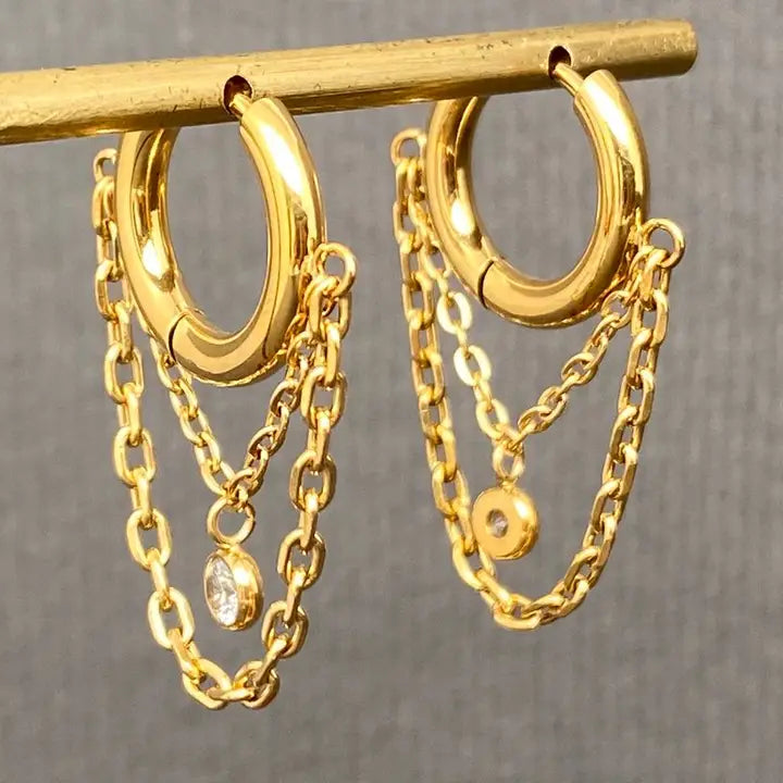 Zircon Inlaid Chain Fringe 18K Golden Ss Huggie Earrings