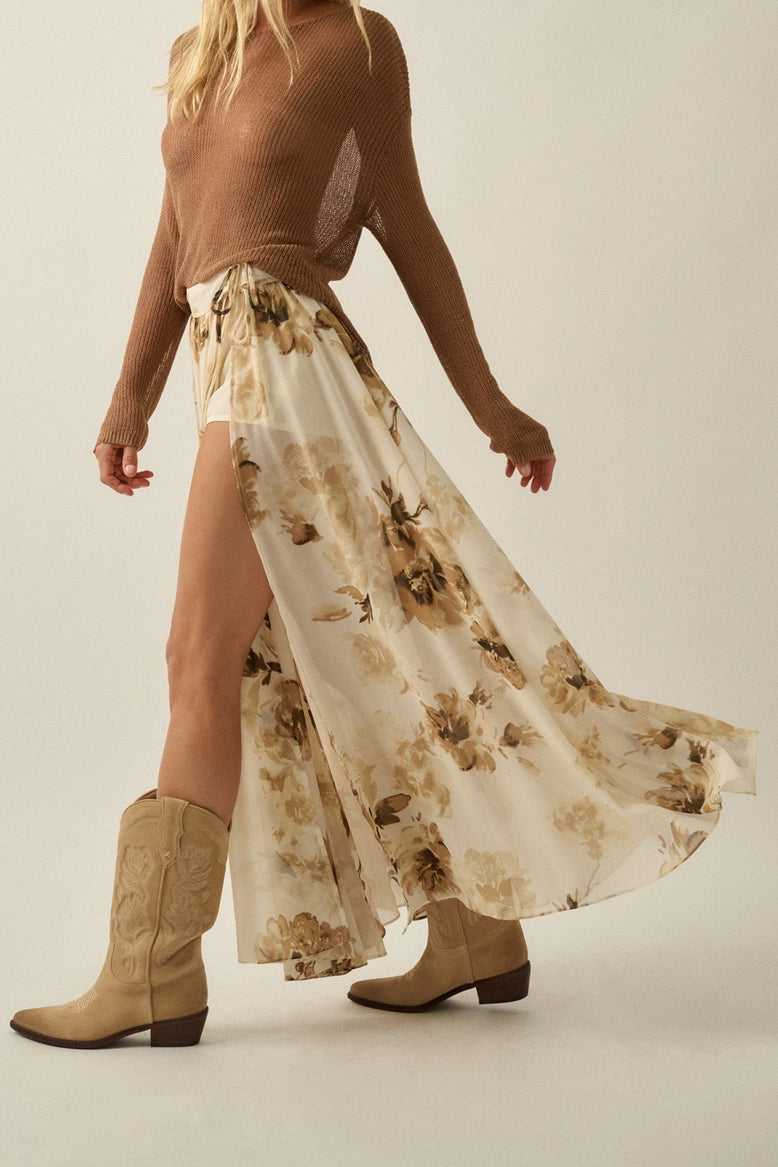 Floral Print Chiffon Tie Waist Maxi Skort