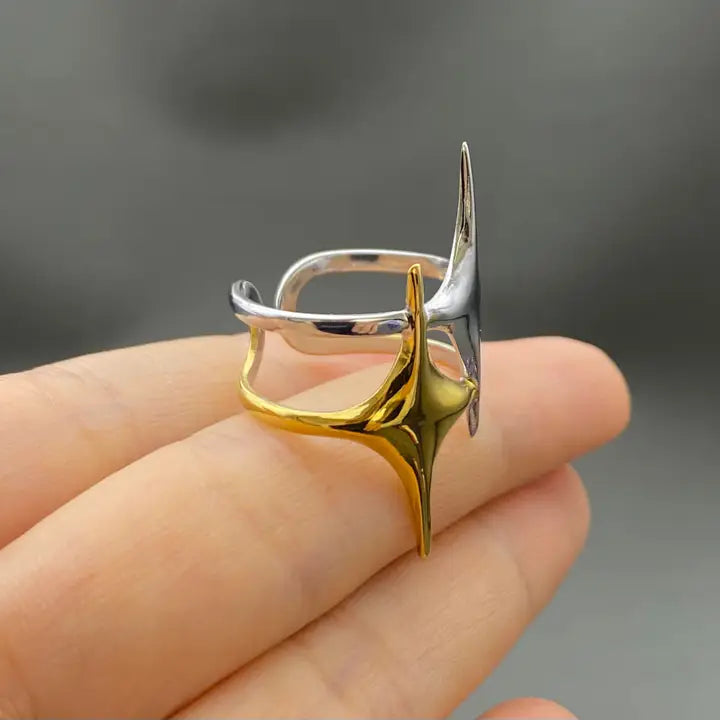Two Tone Double Star 18K Gold Plated S.Steel Ring