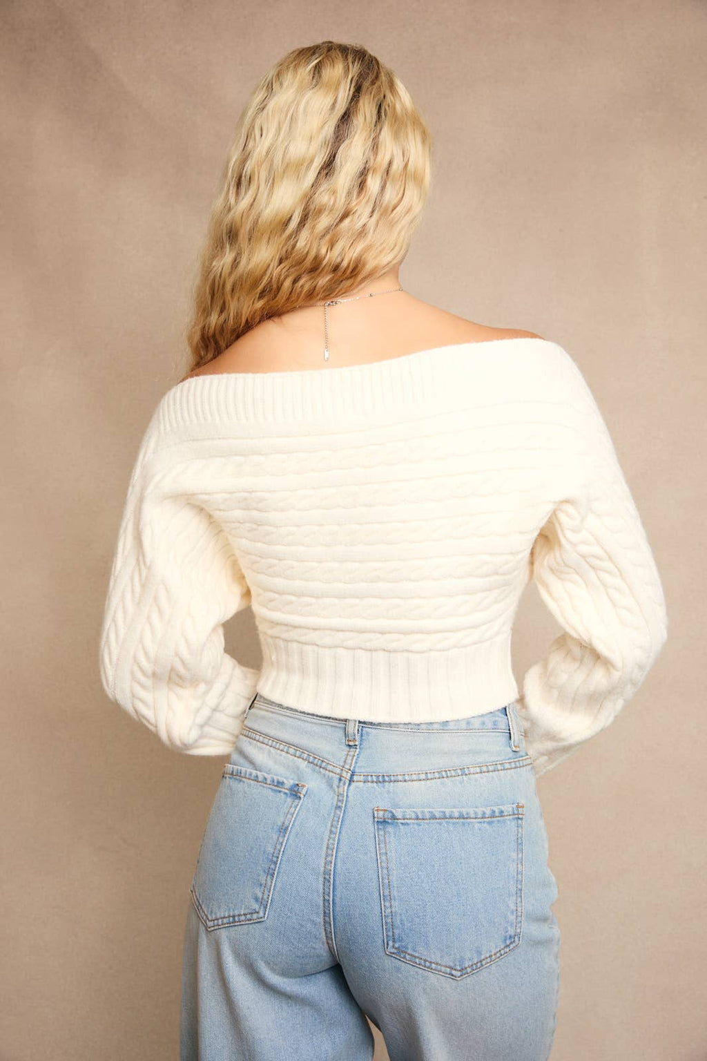 OFF-SHOULDER BUTTON DOWN SWEATER TOP
