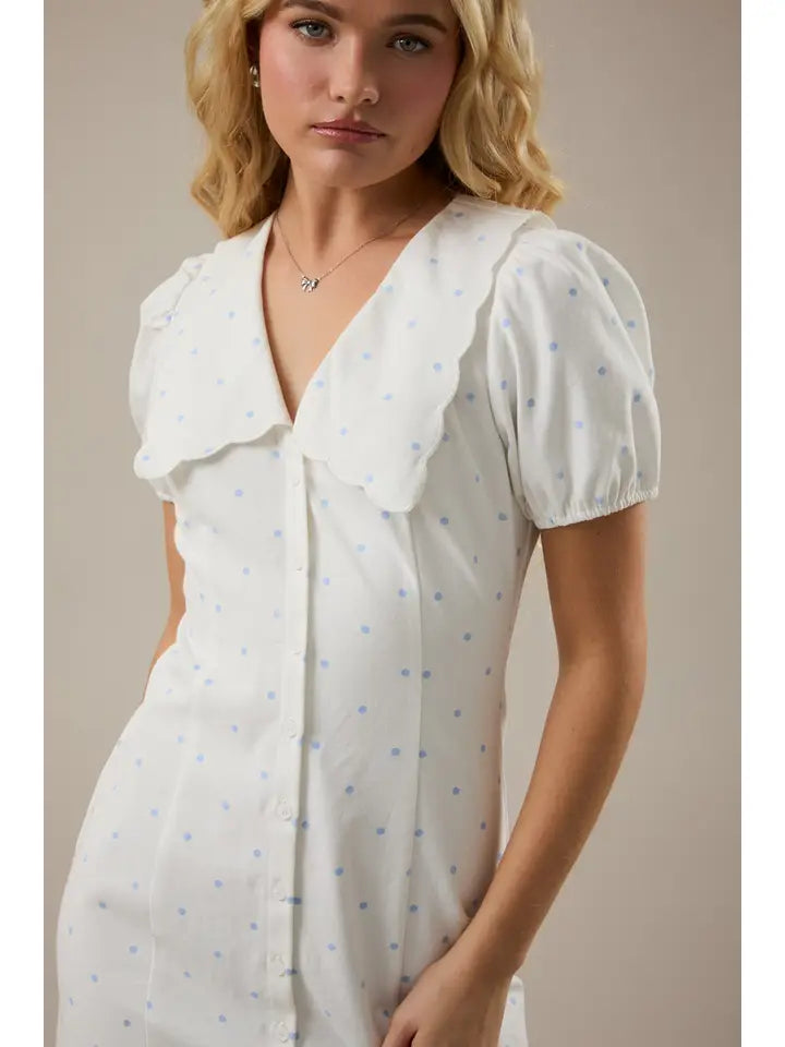 Puff Sleeve V-Neck Collared Button Down Mini Dress