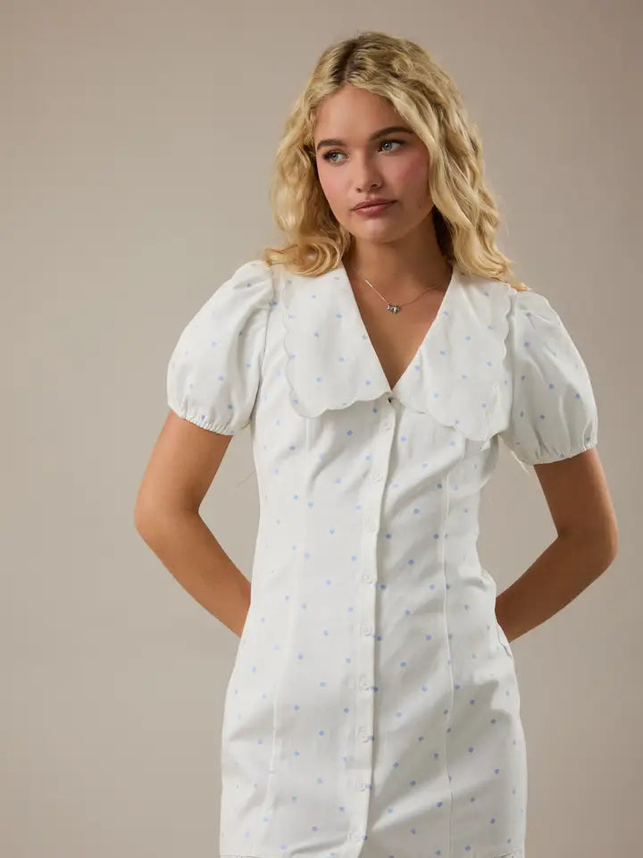 Puff Sleeve V-Neck Collared Button Down Mini Dress