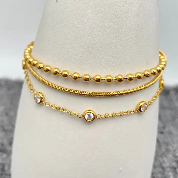 Inlaid Cz 3-layer 18K Gold-Plated Steel Chain Bracelet