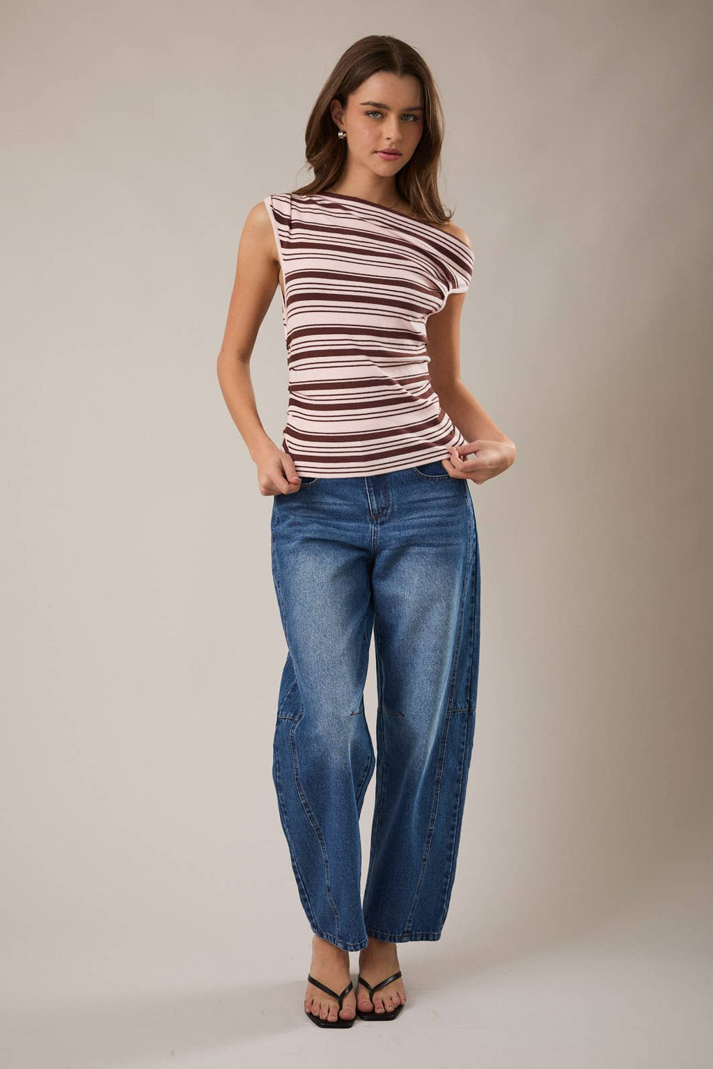 ASYMMETRICAL NECK STRIPED SWEATER TOP
