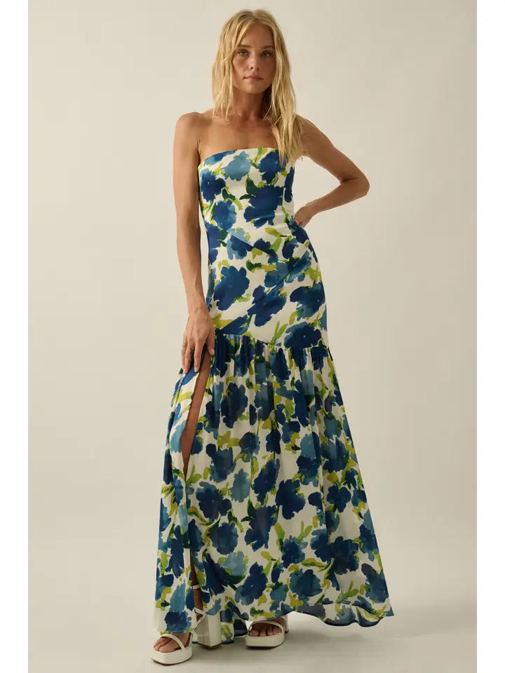 Floral-Print Crepe Strapless Drop-Waist Maxi Dress