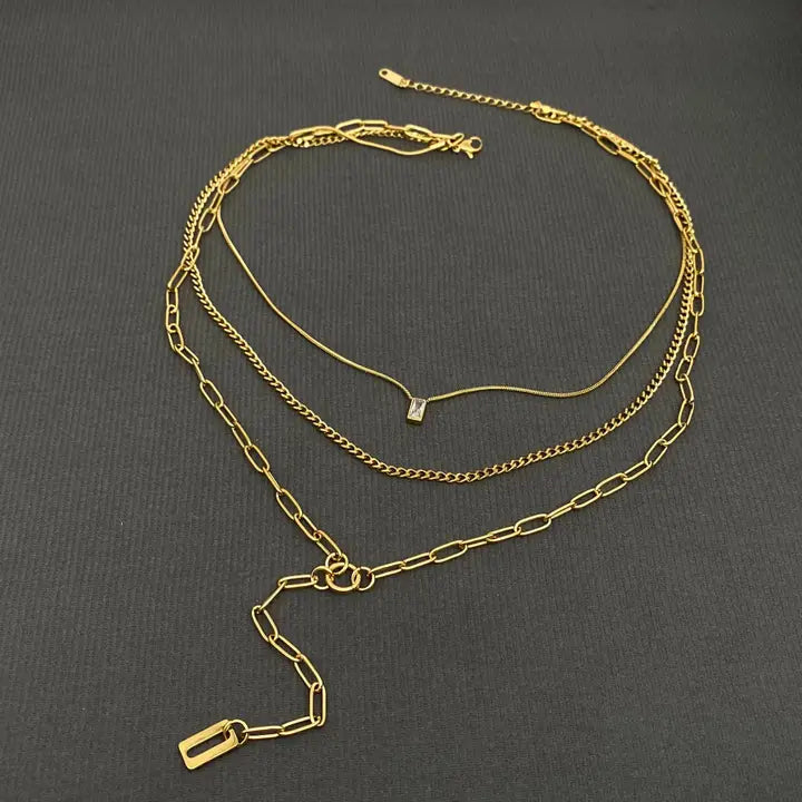 Zircon Charm 18K Gold Plated Ss 3 Layer Y-Neck Necklace