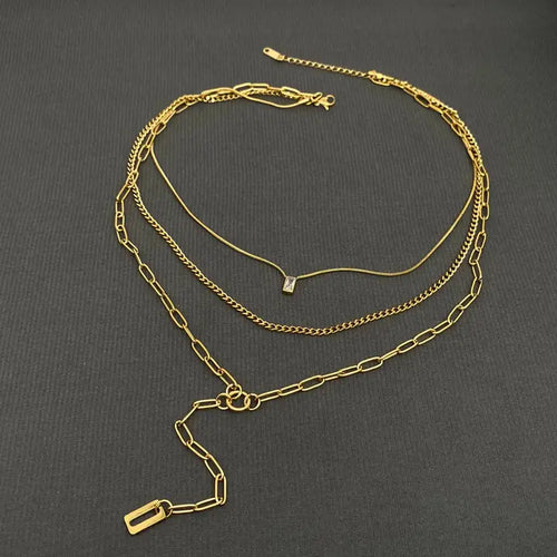 Zircon Charm 18K Gold Plated Ss 3 Layer Y-Neck Necklace