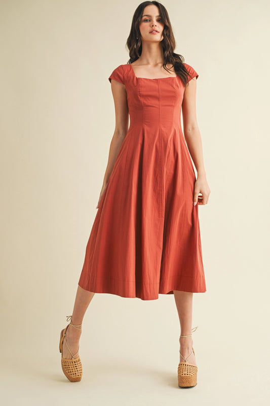 Square Neck Cap Sleeve A Line Dress