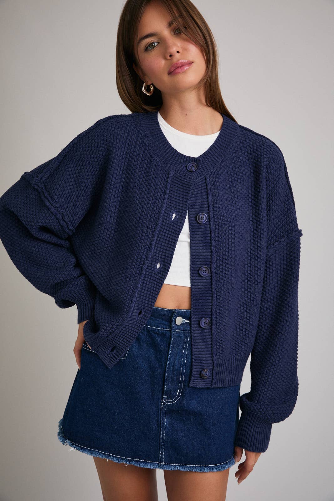 LONG SLEEVE CREW NECK WAFFLE KNIT CARDIGAN