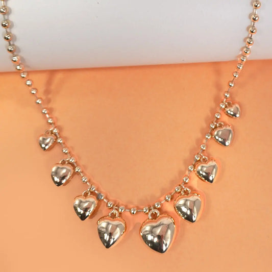 Station Puffy Heart Charms Ball Chain Necklace