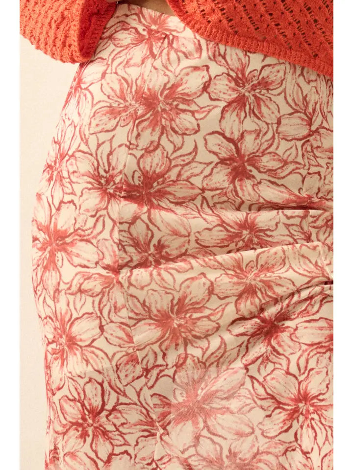 Floral Print Mesh Godet Pleated Mermaid Maxi Skirt