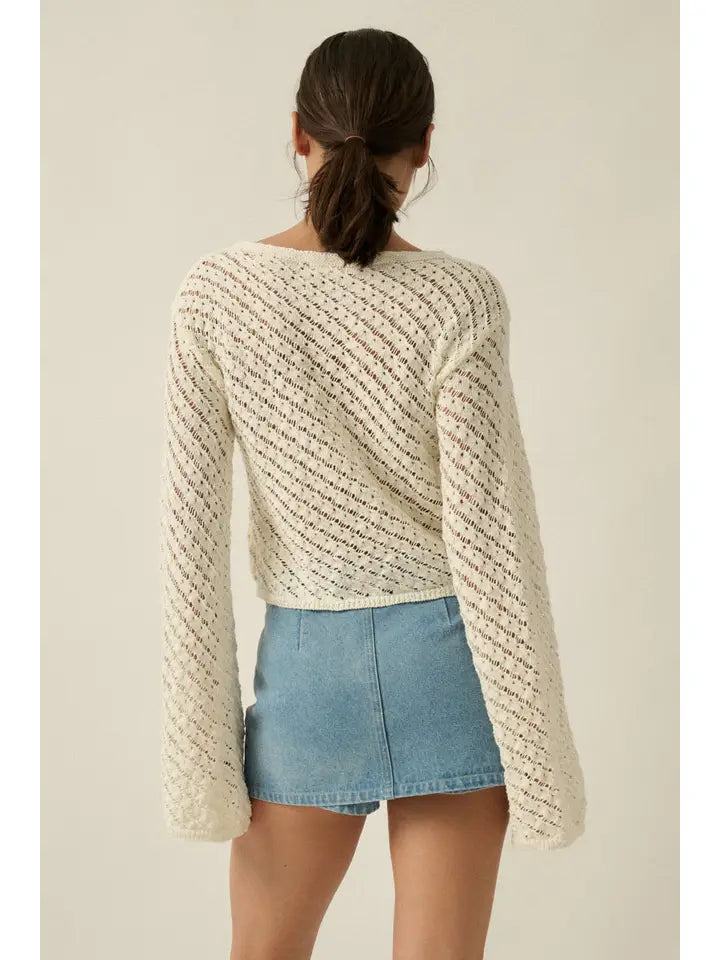 Solid Crochet-Knit Bell-Sleeve Cropped Sweater