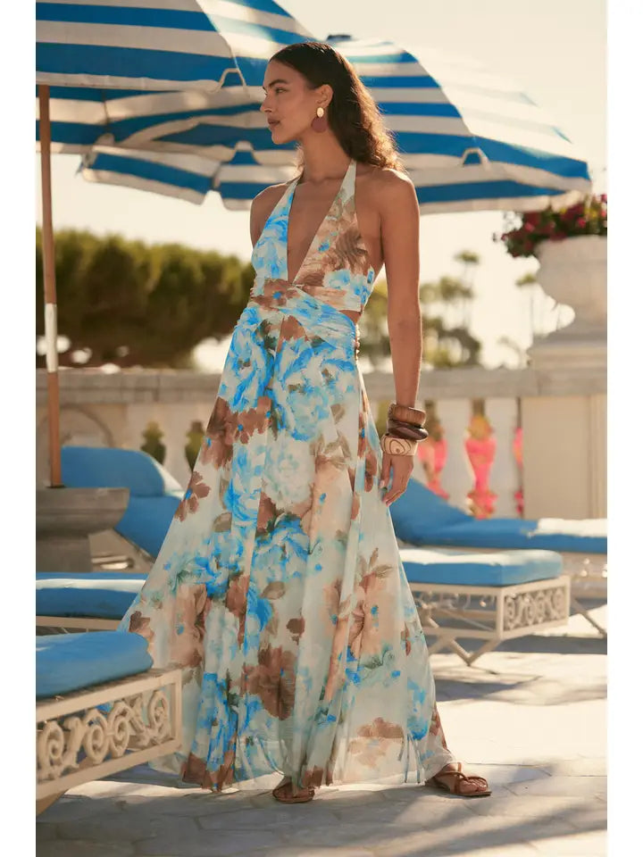 Floral-Print Mesh Halter-Neck Cutout Maxi Dress