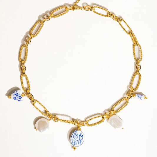 Riela 18K Gold Ceramic Floral Chain Necklace