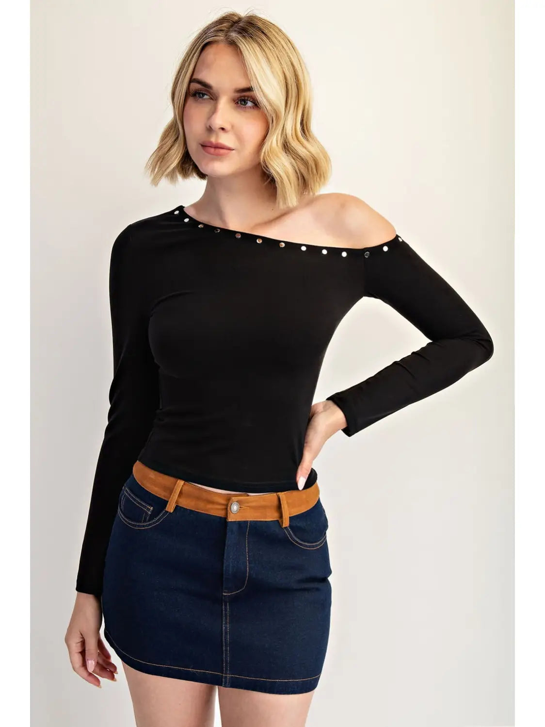 One Shoulder Stud Detail Knit Long Sleeve Top