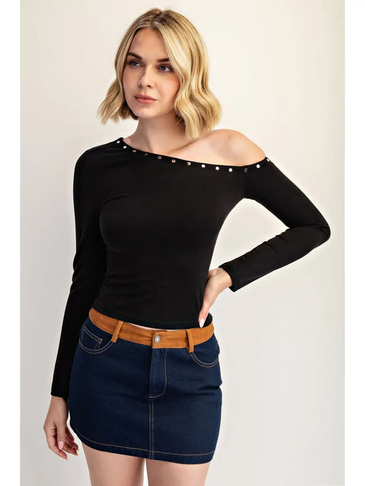 One Shoulder Stud Detail Knit Long Sleeve Top