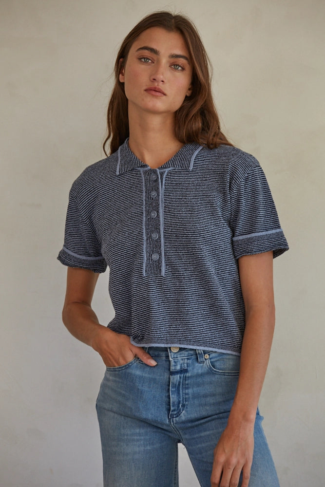 Knit Sweater Striped Half Button Collar Neck Top