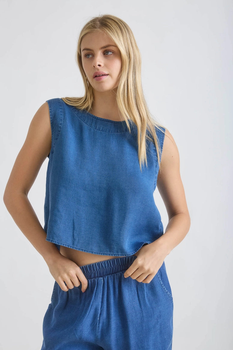Chambray Back Half Button Detail Crop Top