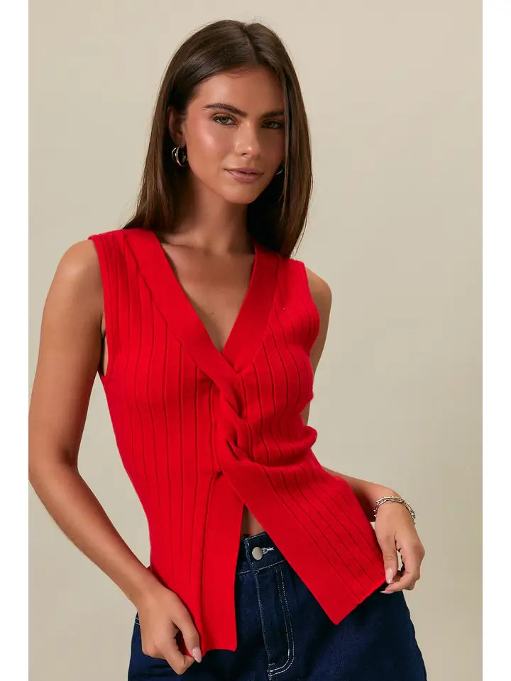Twisted Front V-Neck Sleeveless Sweater Top