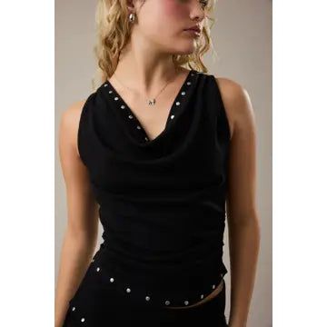 Cowl Neck Stud Detail Ruched Top