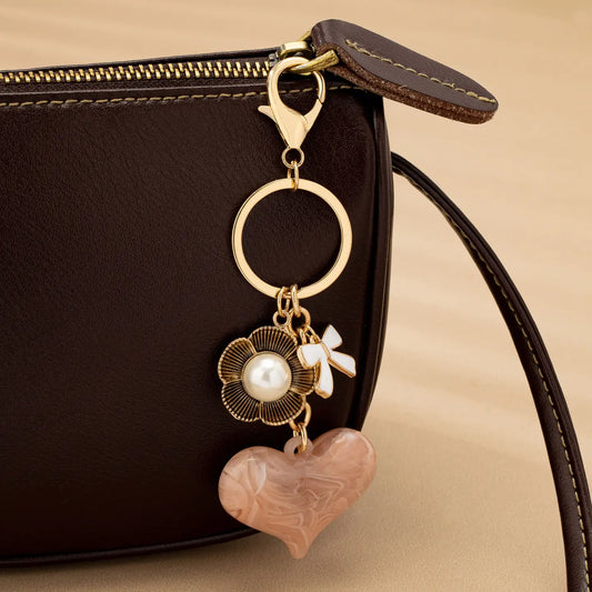 Bag Charm Key Chain-Swirl Heart Peral Floral Bow