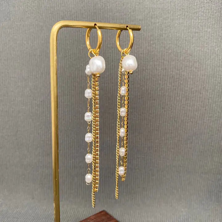 Zircon & Pearl Fringe 18K Gold Plated Ss Huggie Earrings