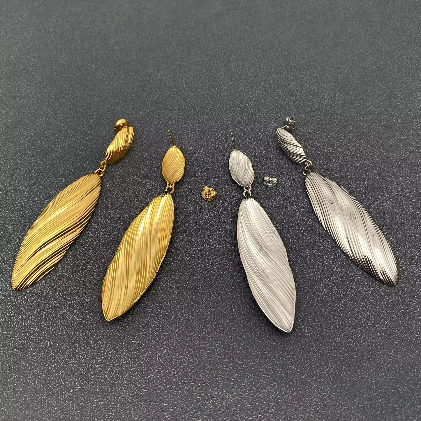 18K Gold Plated S.Steel Striped Oval Dangle Earrings