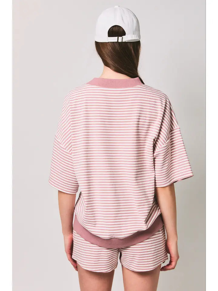 Mock Neck Short Sleeve Stripe Top