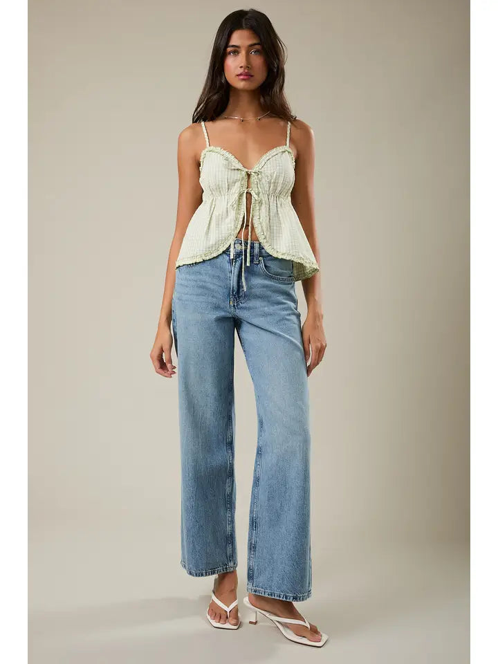 Tie Front Ruffle Trim Tank Top