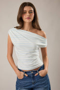 ONE SIDE OFF SHOULDER STRIPE PRINTED KNIT TOP