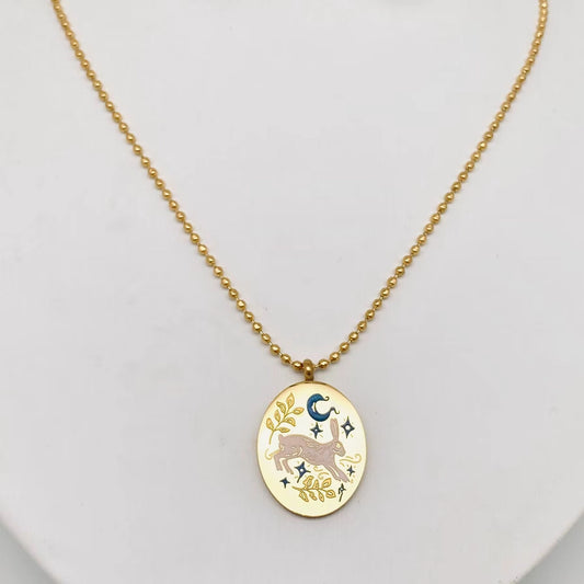 Painted Enamel Rabbit Oval 18K Gold Plated Necklace