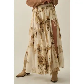 Floral Print Chiffon Tie Waist Maxi Skort