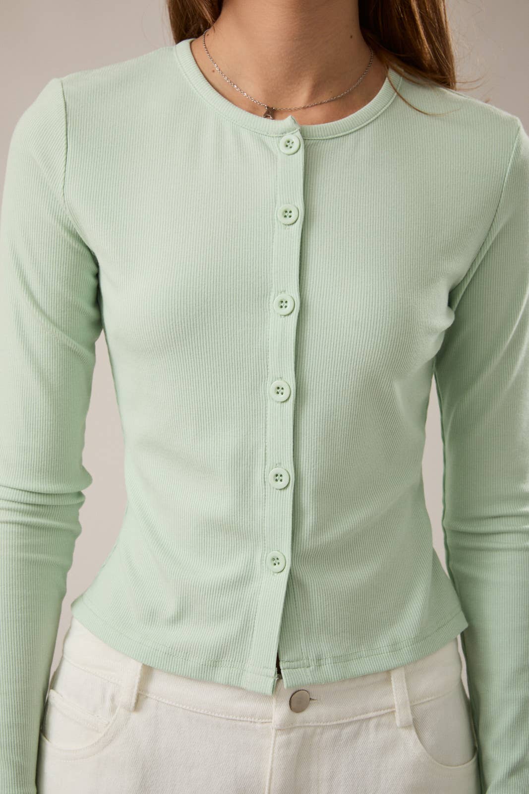 ROUND NECK LONG SLEEVE BUTTON DOWN RIB TOP
