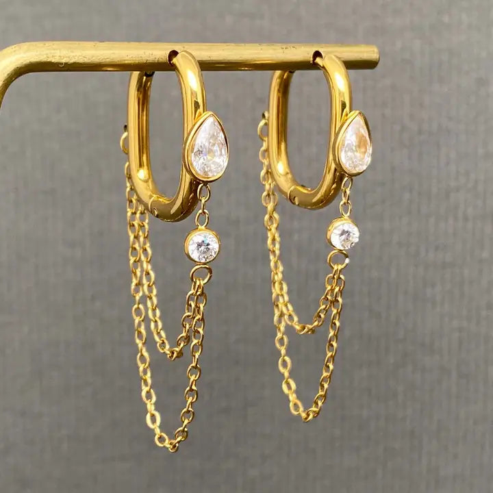 Chain Fringe Zicon Inliad 18K Gold Plated Ss Earrings