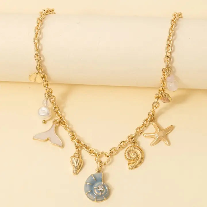 Mixed Sea Life and Pearl Charms Chain Necklace