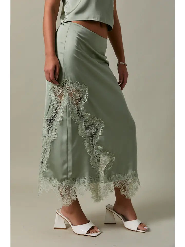 Mid Waist Lace Trim Detail Bias Midi Skirt