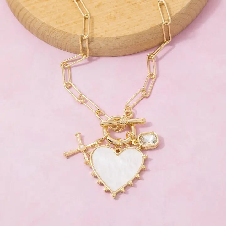 Mother of Pearl Heart Charm Toggle Paperclip Chain Necklace