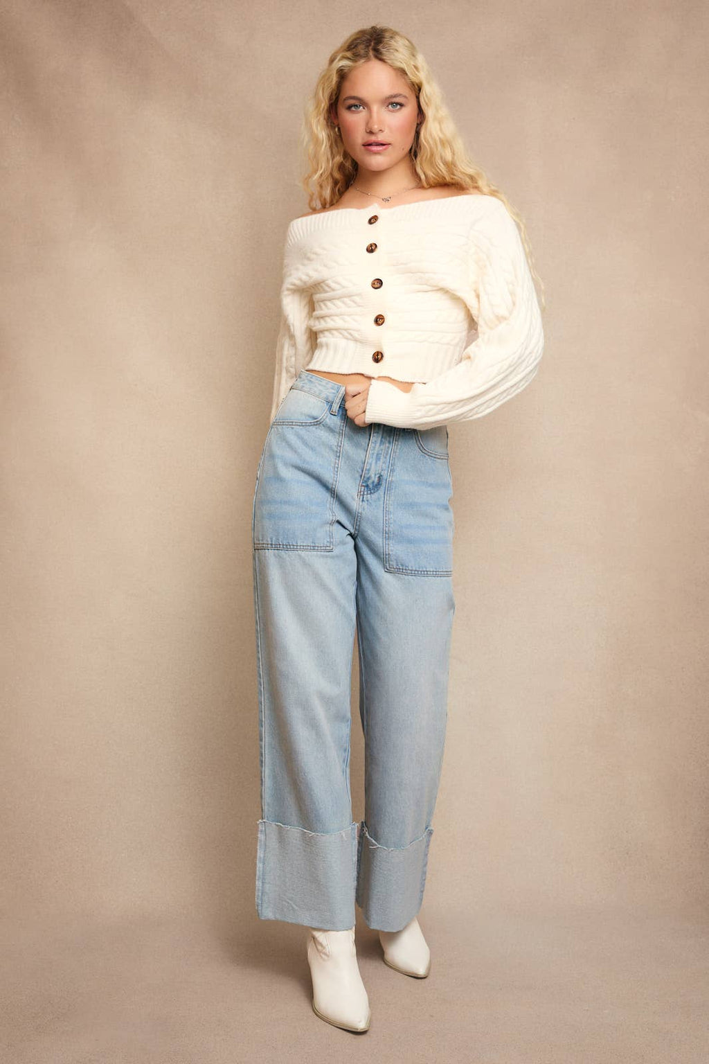 OFF-SHOULDER BUTTON DOWN SWEATER TOP