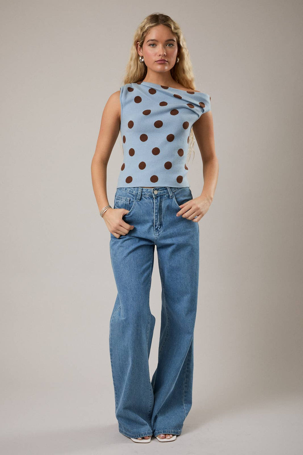 POLKA DOT DETAIL ASYMMETRICAL NECK SWEATER TOP