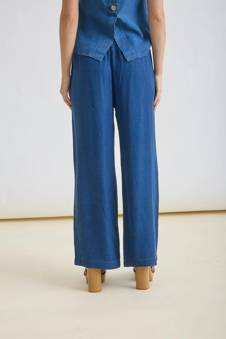 Chambray Elastic High Waist Wide Leg Pant