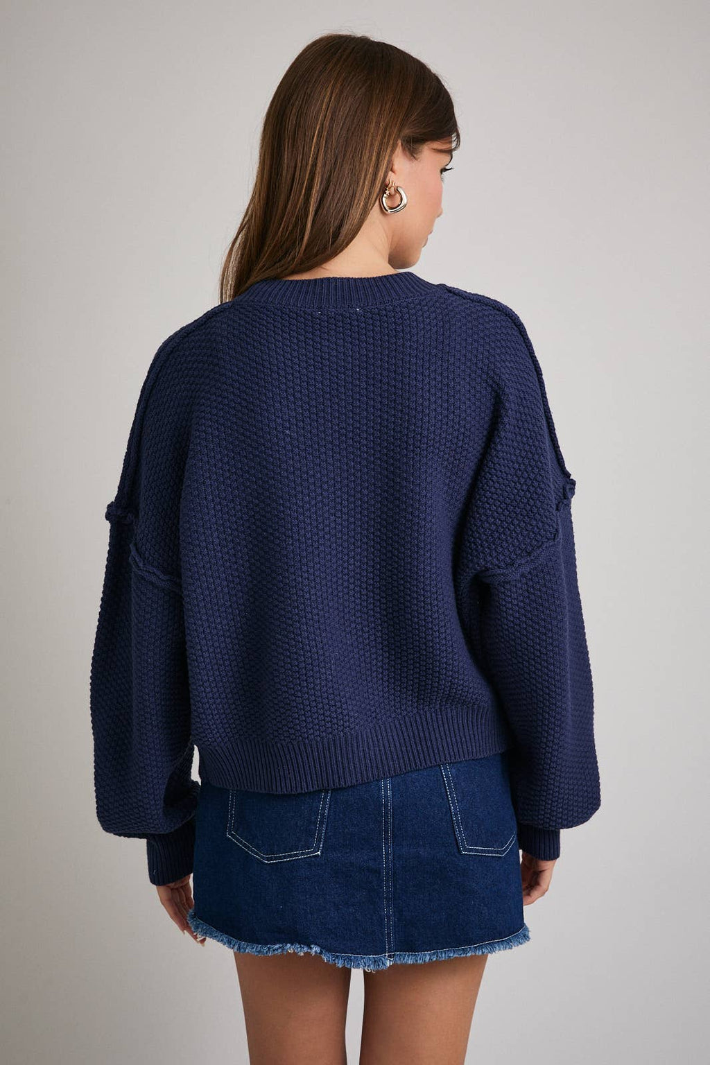LONG SLEEVE CREW NECK WAFFLE KNIT CARDIGAN