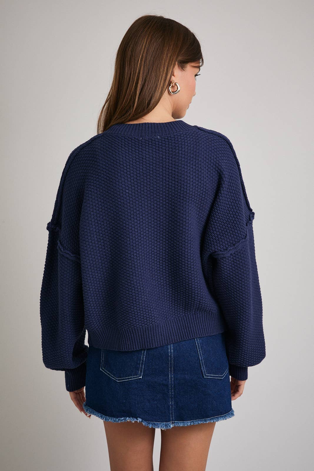 LONG SLEEVE CREW NECK WAFFLE KNIT CARDIGAN