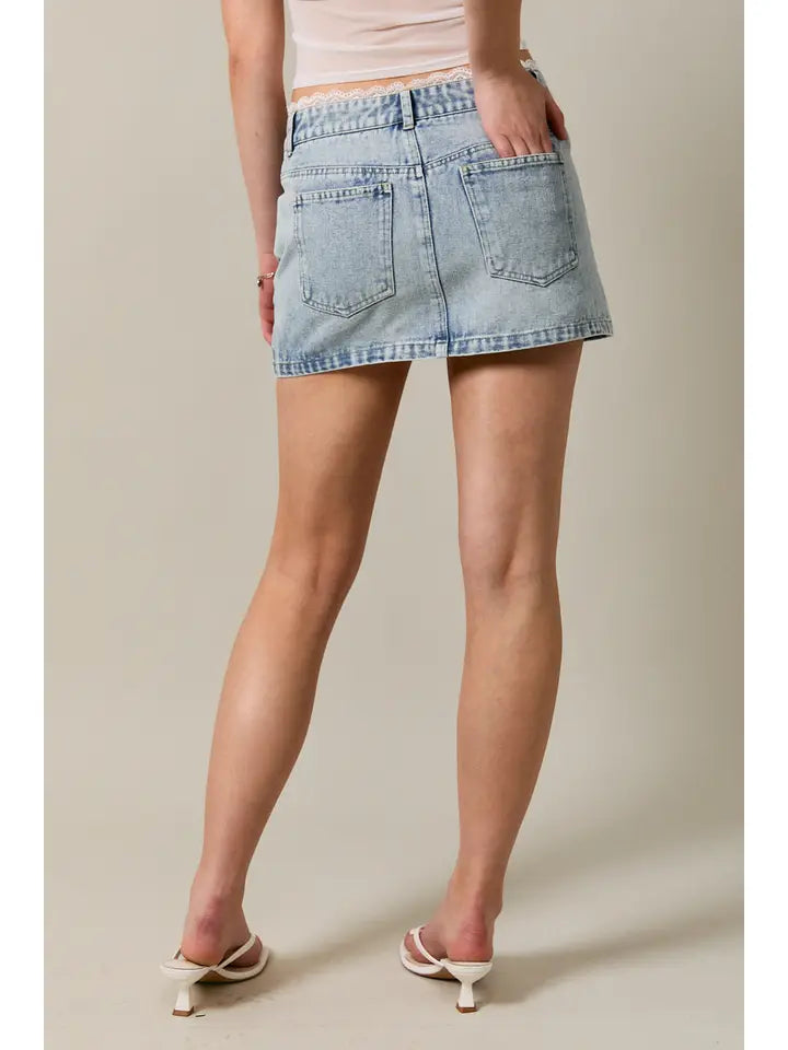 Mid Waist Denim Skirt with Lace Trim Detail